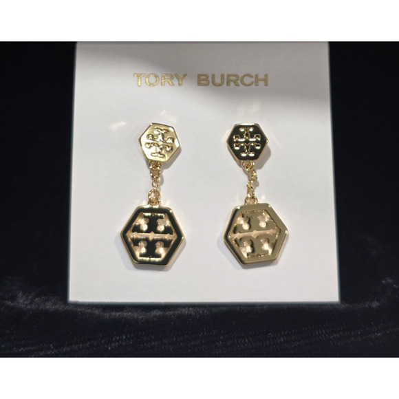 Tory Burch Double Hexagon Logo Drop Stud Earrings Gold *NWOT* - Picture 1 of 2